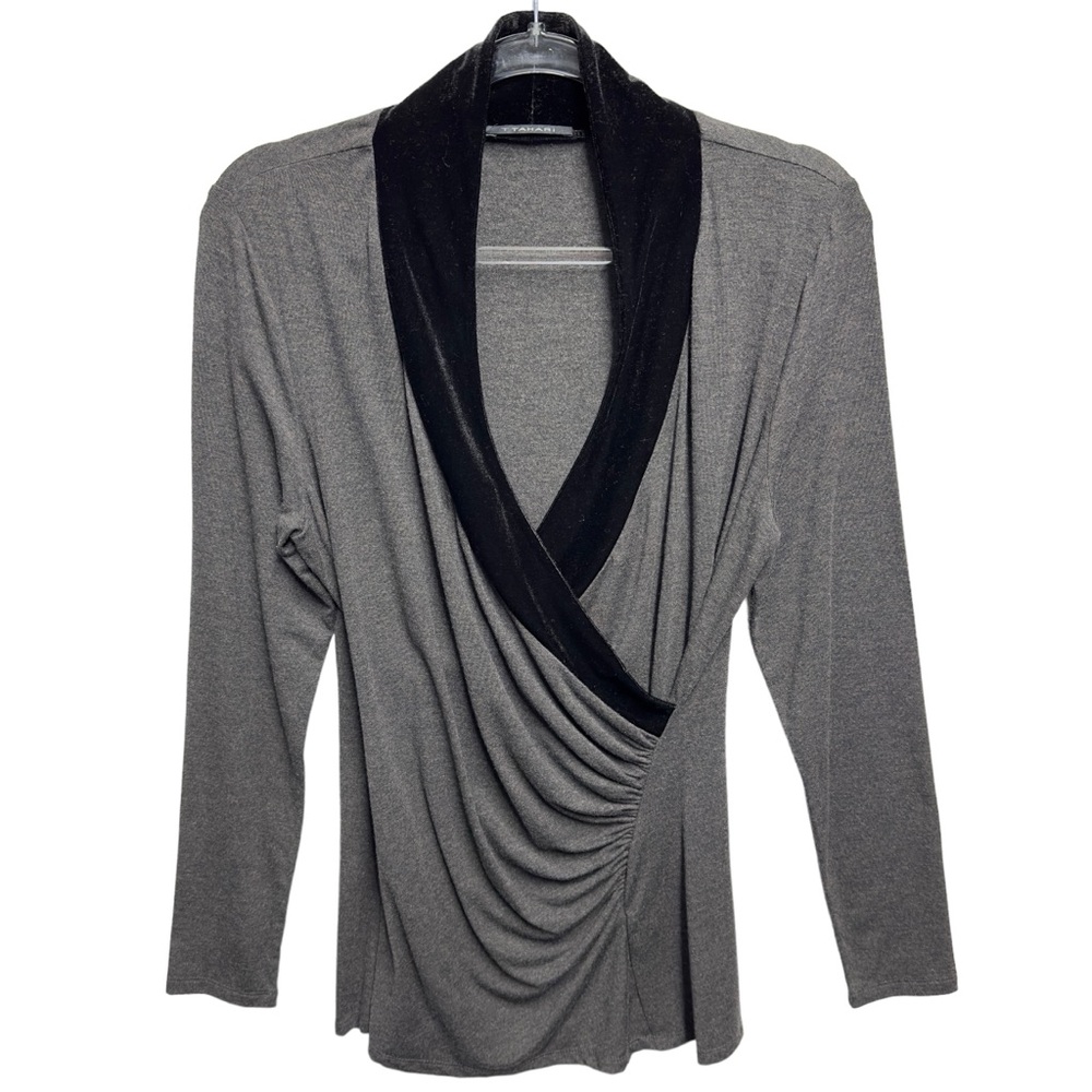 Tahari Velvet Shawl Pleated Ruched Drapey Top Blouse